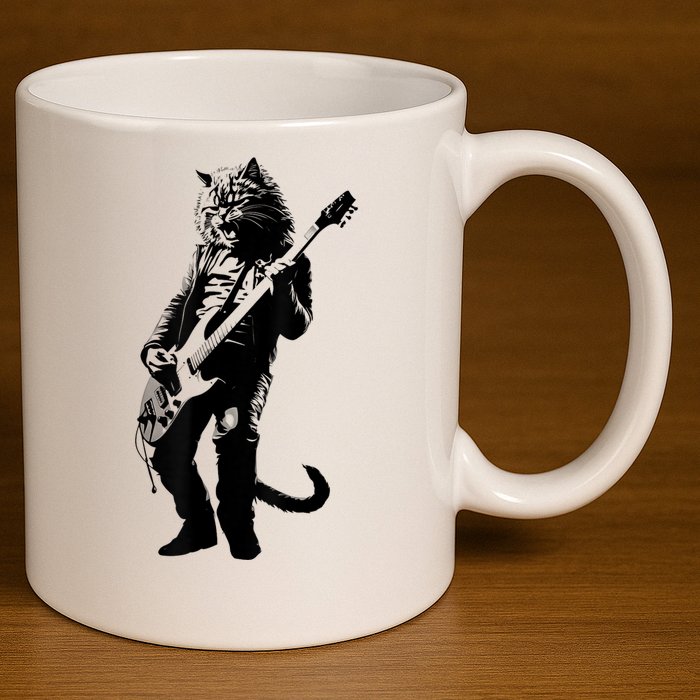 Rock Cat Playing Guitar Funny Guitar Cat 11oz C Handle Ceramic Mug
