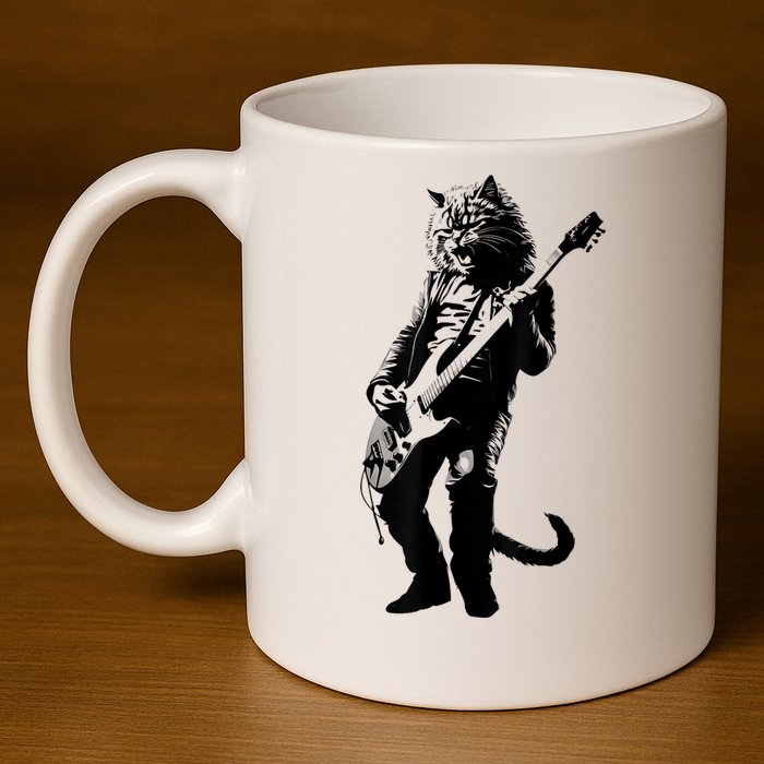 Rock Cat Playing Guitar Funny Guitar Cat 11oz C Handle Ceramic Mug