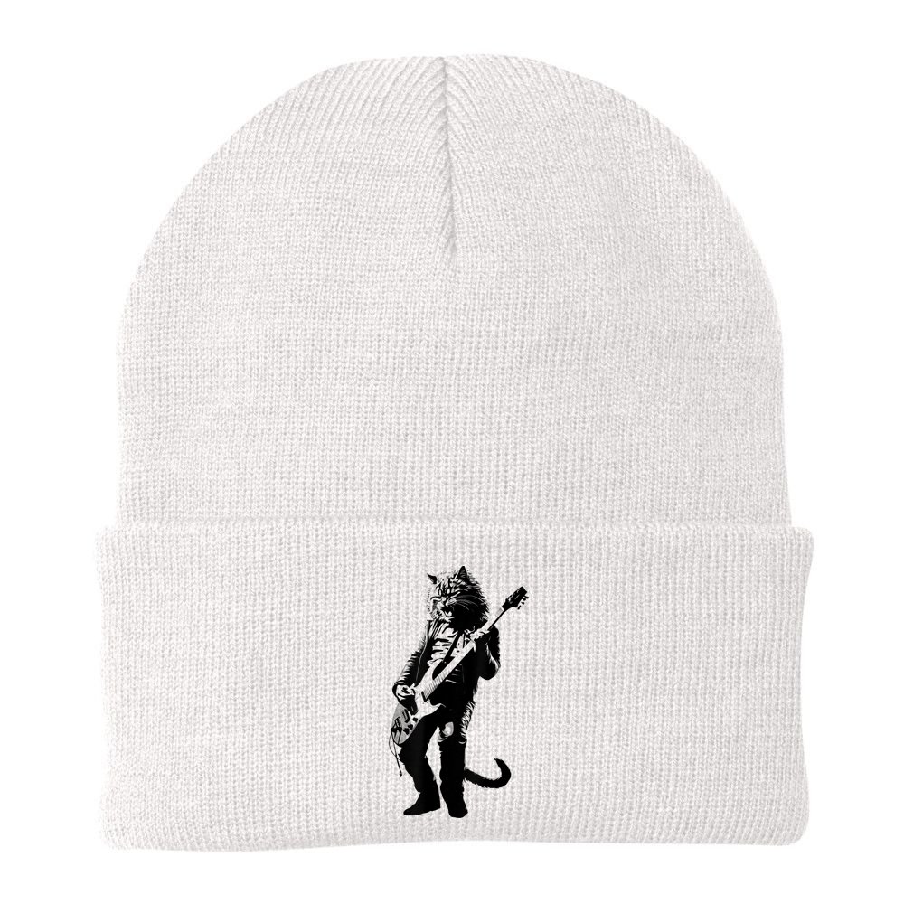 Rock Cat Playing Guitar Funny Guitar Cat Beanie