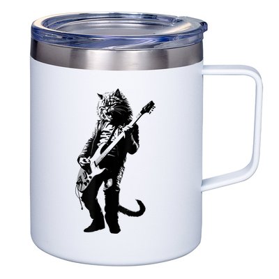 Rock Cat Playing Guitar Funny Guitar Cat 12oz Stainless Steel Coffee Mug
