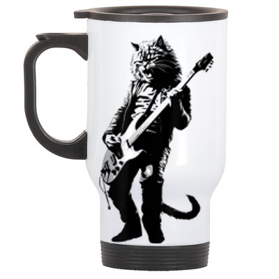 Rock Cat Playing Guitar Funny Guitar Cat Stainless Steel Travel Mug