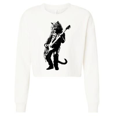 Rock Cat Playing Guitar Funny Guitar Cat Cropped Pullover Crew