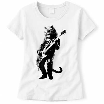 Rock Cat Playing Guitar Funny Guitar Cat Womens T-Shirt
