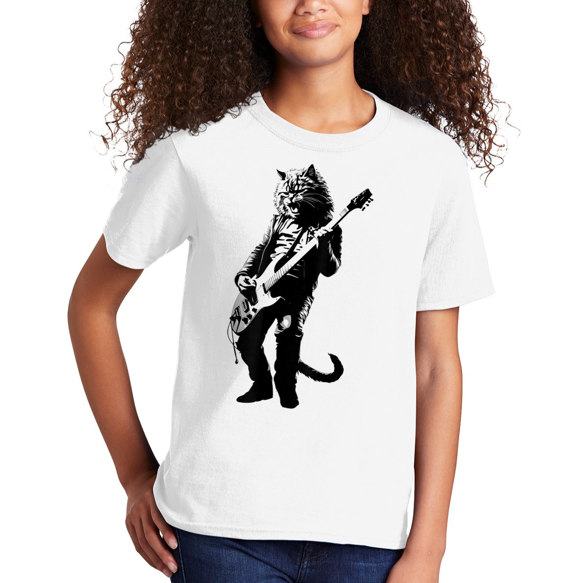Rock Cat Playing Guitar Funny Guitar Cat Kids T-Shirt