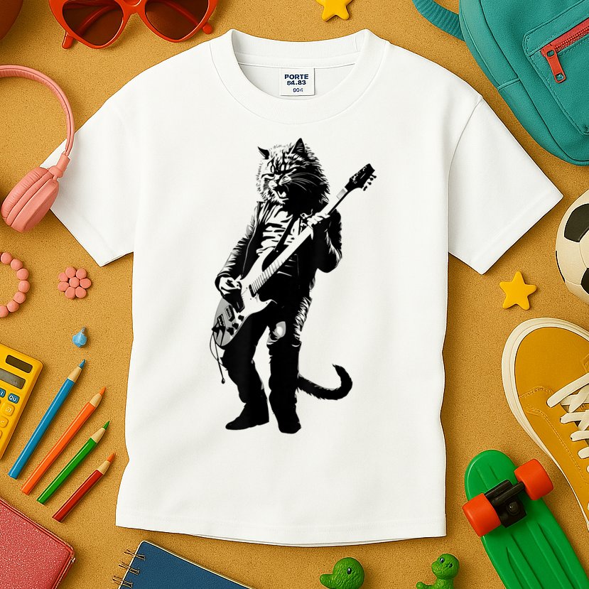 Rock Cat Playing Guitar Funny Guitar Cat Kids T-Shirt