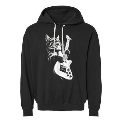 Rock Cat Playing Guitar Funny Guitar Cat Garment-Dyed Fleece Hoodie