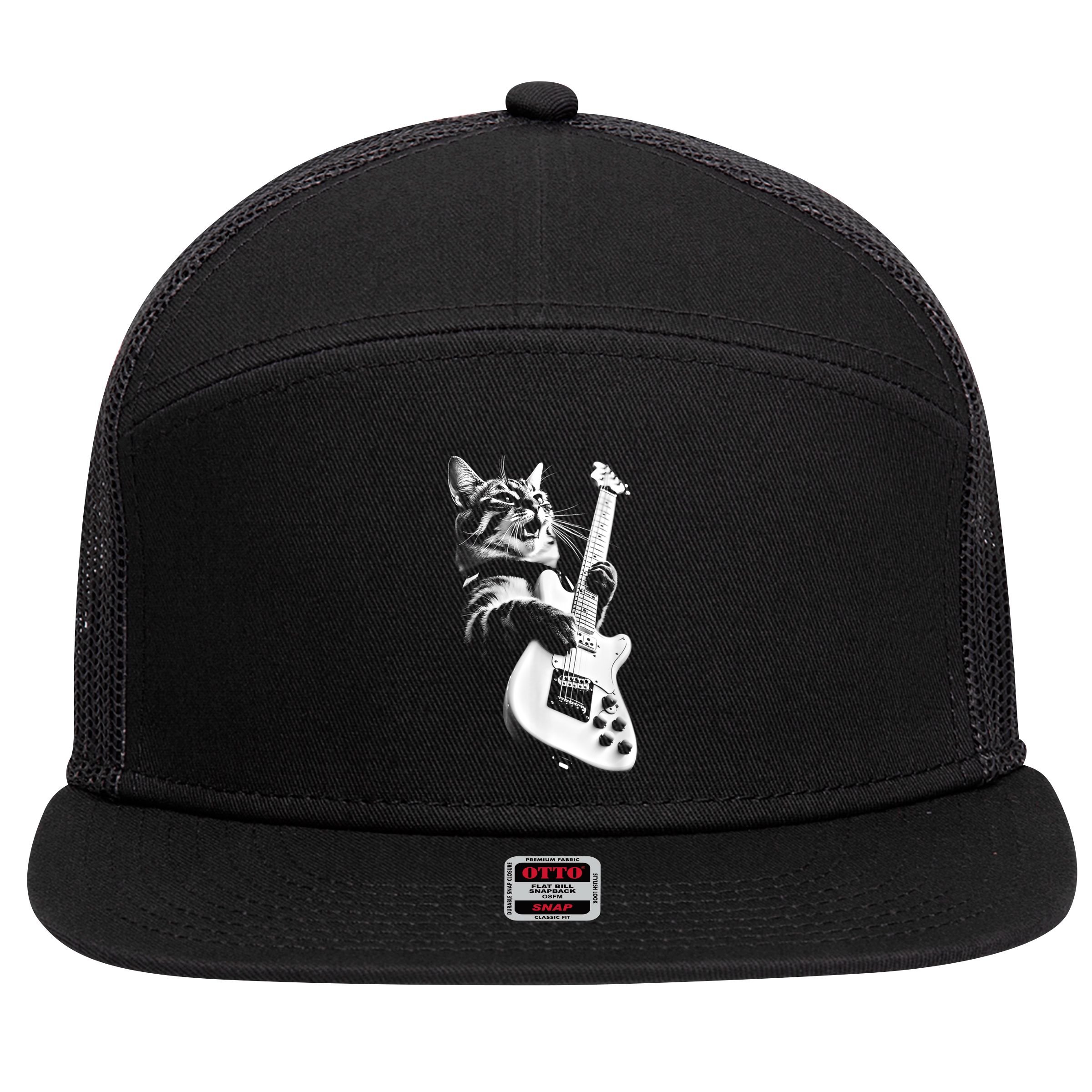 Rock Cat Playing Guitar Funny Guitar Cat 7 Panel Mesh Trucker Snapback Hat