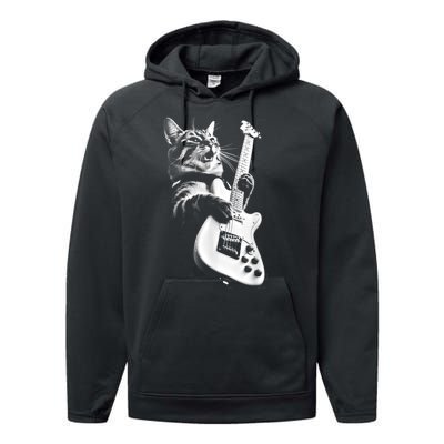 Rock Cat Playing Guitar Funny Guitar Cat Performance Fleece Hoodie