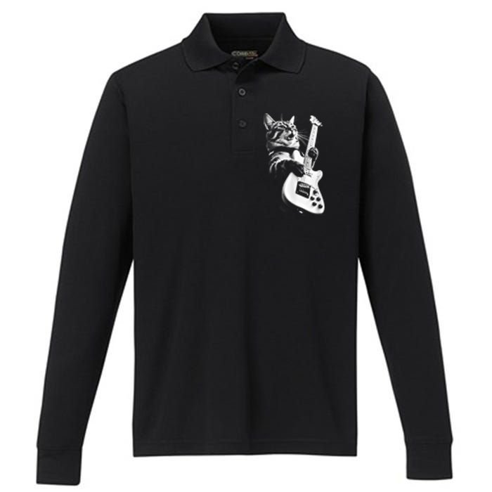 Rock Cat Playing Guitar Funny Guitar Cat Performance Long Sleeve Polo