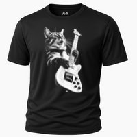Rock Cat Playing Guitar Funny Guitar Cat Cooling Performance Crew T-Shirt