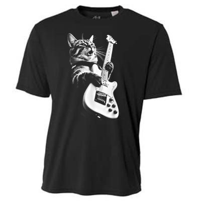 Rock Cat Playing Guitar Funny Guitar Cat Cooling Performance Crew T-Shirt