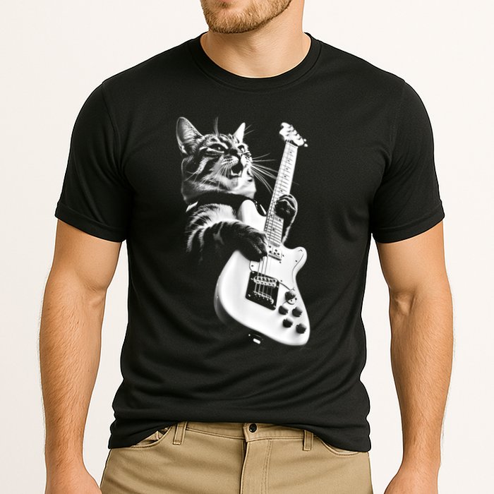 Rock Cat Playing Guitar Funny Guitar Cat Cooling Performance Crew T-Shirt