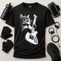 Rock Cat Playing Guitar Funny Guitar Cat Cooling Performance Crew T-Shirt