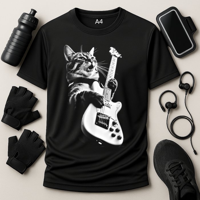 Rock Cat Playing Guitar Funny Guitar Cat Cooling Performance Crew T-Shirt