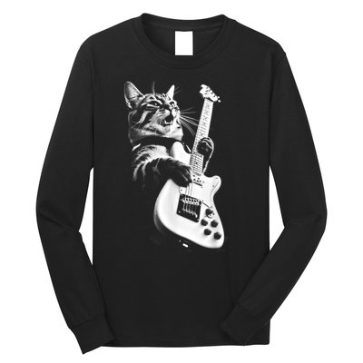 Rock Cat Playing Guitar Funny Guitar Cat Long Sleeve Shirt