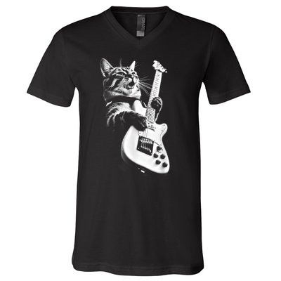 Rock Cat Playing Guitar Funny Guitar Cat V-Neck T-Shirt