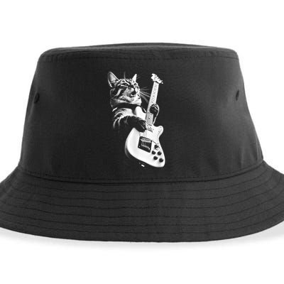 Rock Cat Playing Guitar Funny Guitar Cat Sustainable Bucket Hat