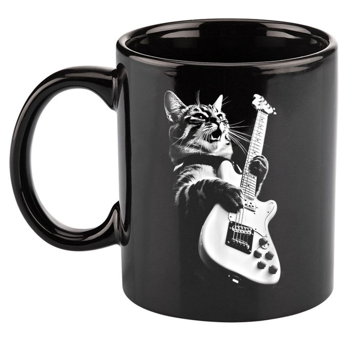 Rock Cat Playing Guitar Funny Guitar Cat 11oz C Handle Ceramic Mug