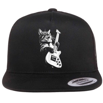 Rock Cat Playing Guitar Funny Guitar Cat Flatbill Hat