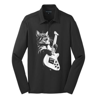 Rock Cat Playing Guitar Funny Guitar Cat Silk Touch Performance Long Sleeve Polo