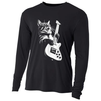 Rock Cat Playing Guitar Funny Guitar Cat Cooling Performance Long Sleeve Crew