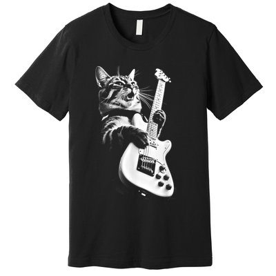 Rock Cat Playing Guitar Funny Guitar Cat Premium T-Shirt