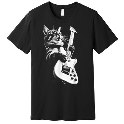 Rock Cat Playing Guitar Funny Guitar Cat Premium T-Shirt