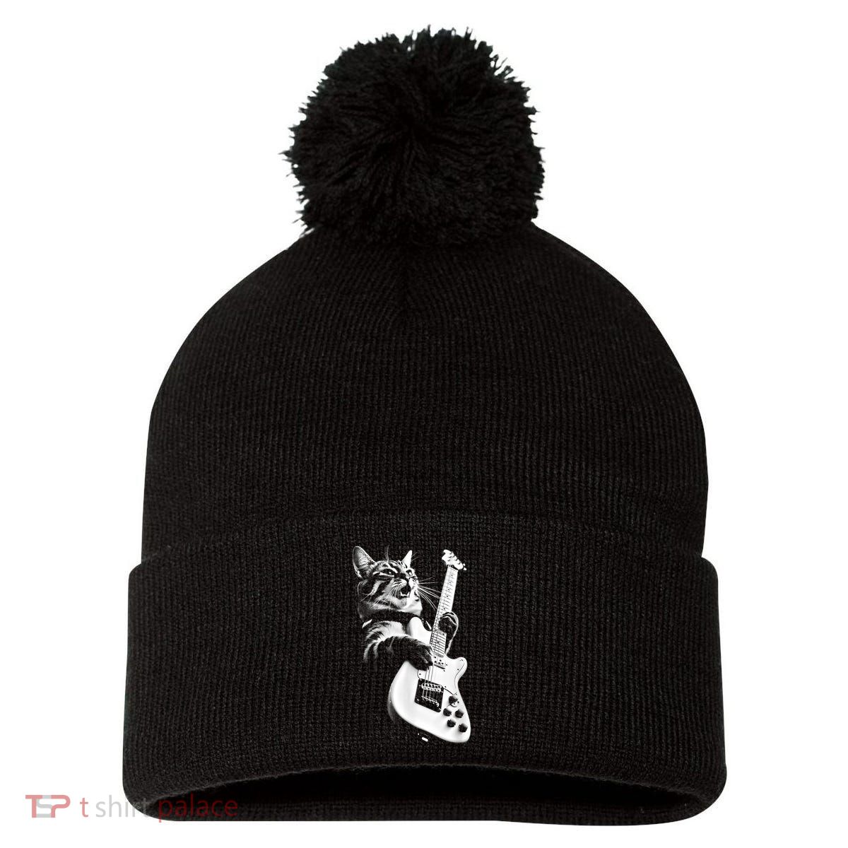 Rock Cat Playing Guitar Funny Guitar Cat Pom Pom 12in Knit Beanie