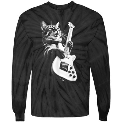 Rock Cat Playing Guitar Funny Guitar Cat Tie-Dye Long Sleeve Shirt