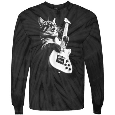 Rock Cat Playing Guitar Funny Guitar Cat Tie-Dye Long Sleeve Shirt