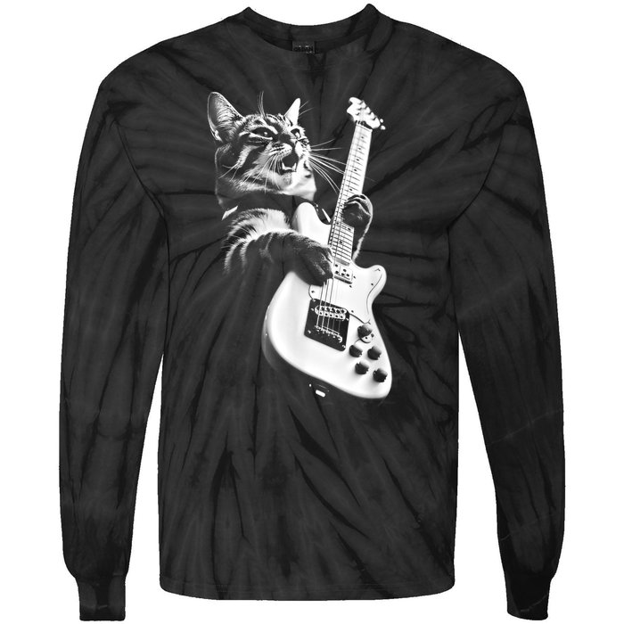 Rock Cat Playing Guitar Funny Guitar Cat Tie-Dye Long Sleeve Shirt