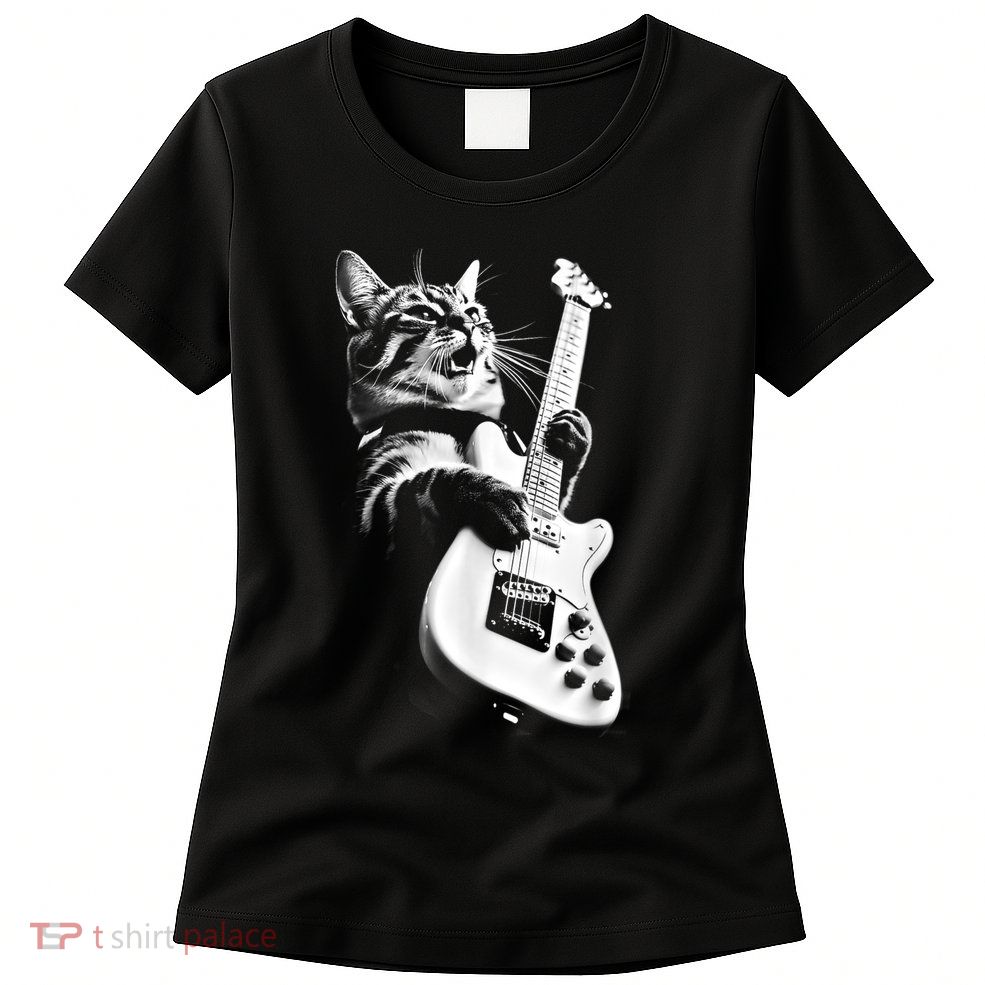 Rock Cat Playing Guitar Funny Guitar Cat Womens T-Shirt