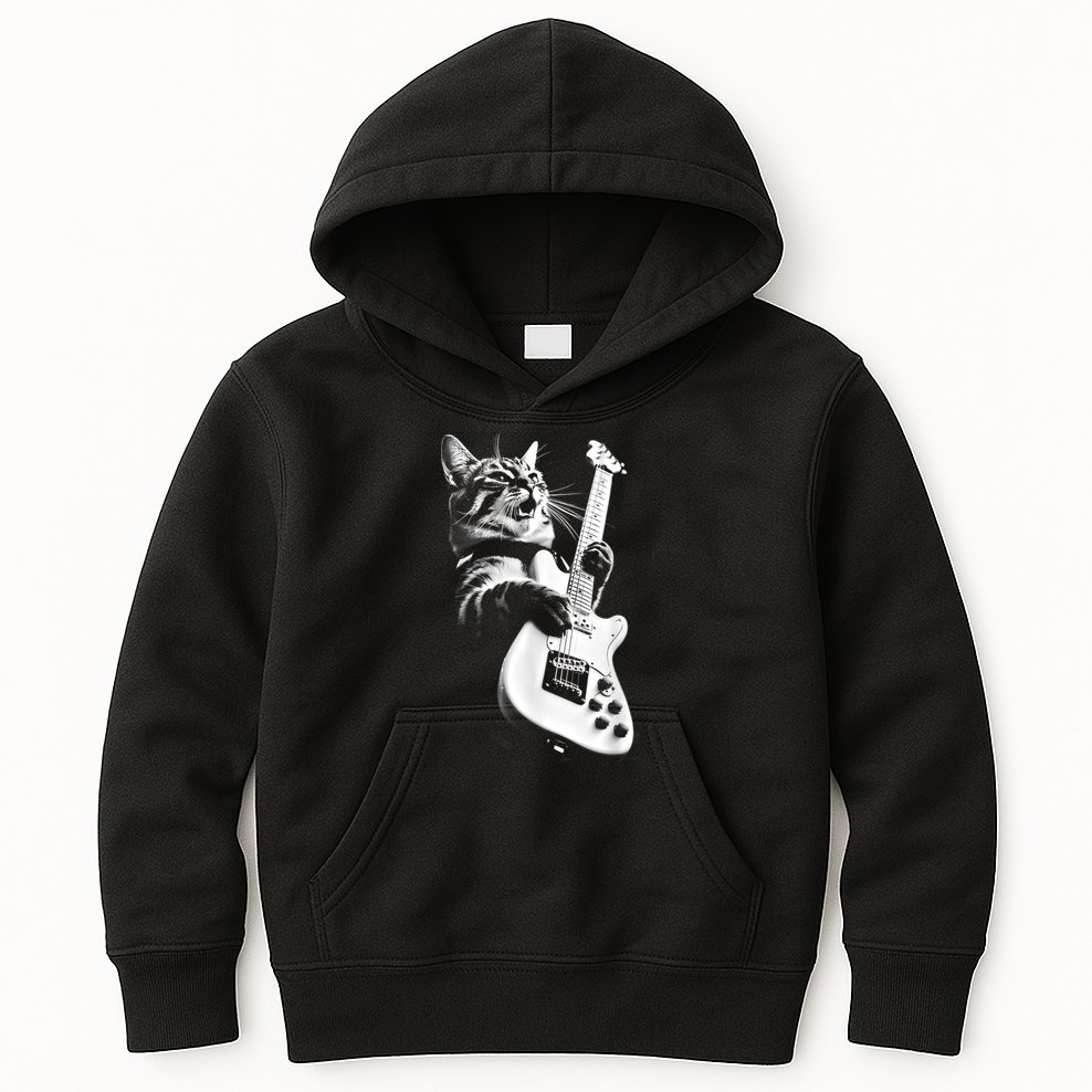 Rock Cat Playing Guitar Funny Guitar Cat Kids Hoodie