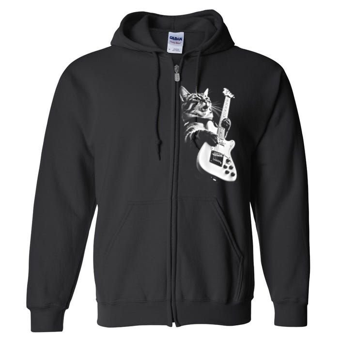 Rock Cat Playing Guitar Funny Guitar Cat Full Zip Hoodie