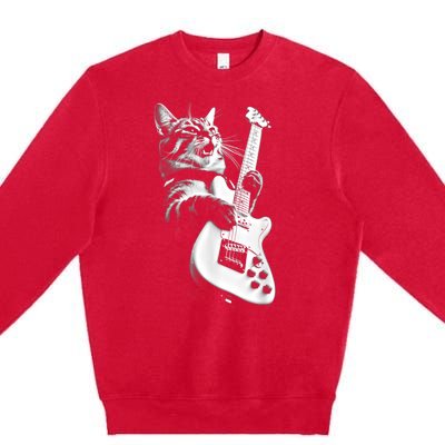 Rock Cat Playing Guitar Funny Guitar Cat Premium Crewneck Sweatshirt