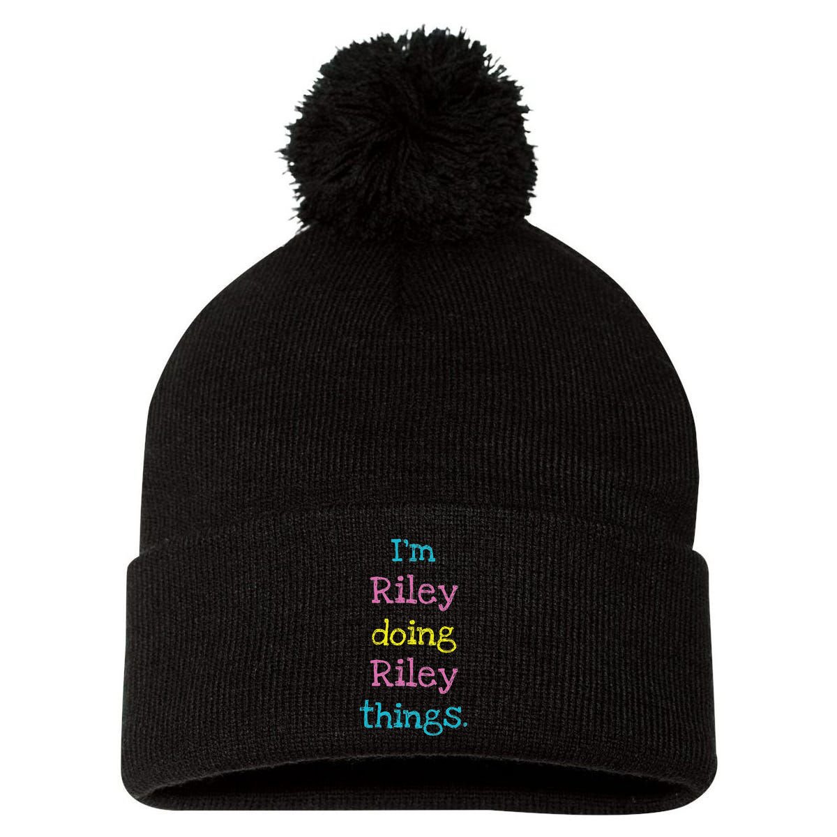 Riley Cute Personalized Text Kid's Gift Top For Girls Pom Pom 12in Knit Beanie