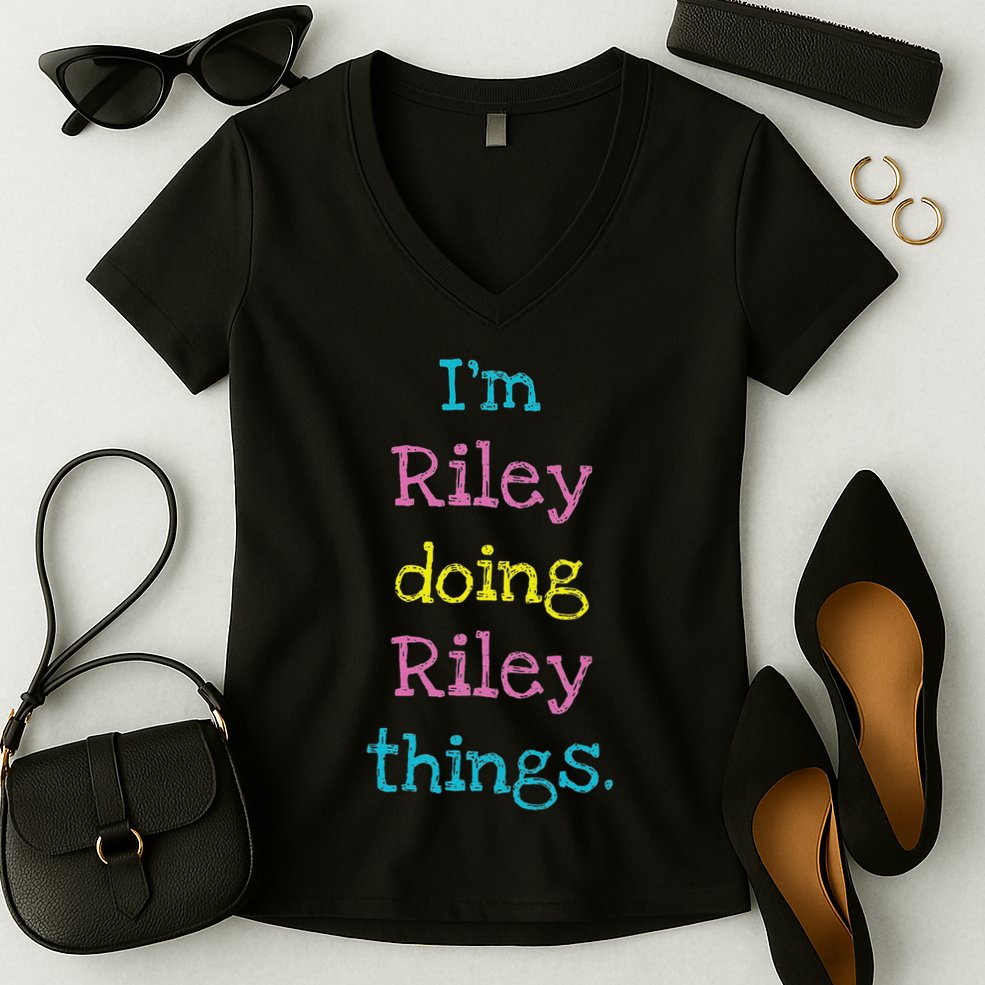 Riley Cute Personalized Text Kid's Gift Top For Girls Women's V-Neck T-Shirt