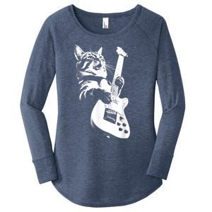 Rock Cat Playing Guitar Funny Guitar Cat Women's Perfect Tri Tunic Long Sleeve Shirt