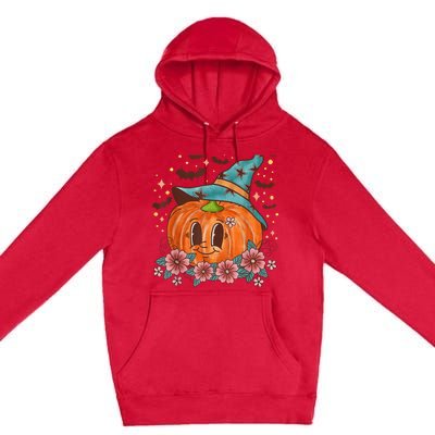 Retro Cute Pumpkin Witch Hat Flower & Bats Halloween Costume Premium Pullover Hoodie