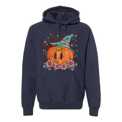 Retro Cute Pumpkin Witch Hat Flower & Bats Halloween Costume Premium Hoodie