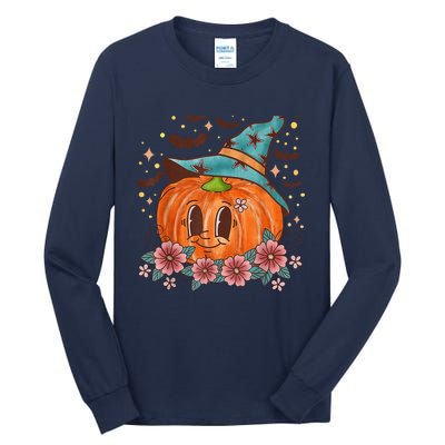 Retro Cute Pumpkin Witch Hat Flower & Bats Halloween Costume Tall Long Sleeve T-Shirt