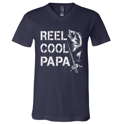 Reel Cool Papa Fishing Dad Gifts Fathers Day Fisherman Fish V-Neck T-Shirt