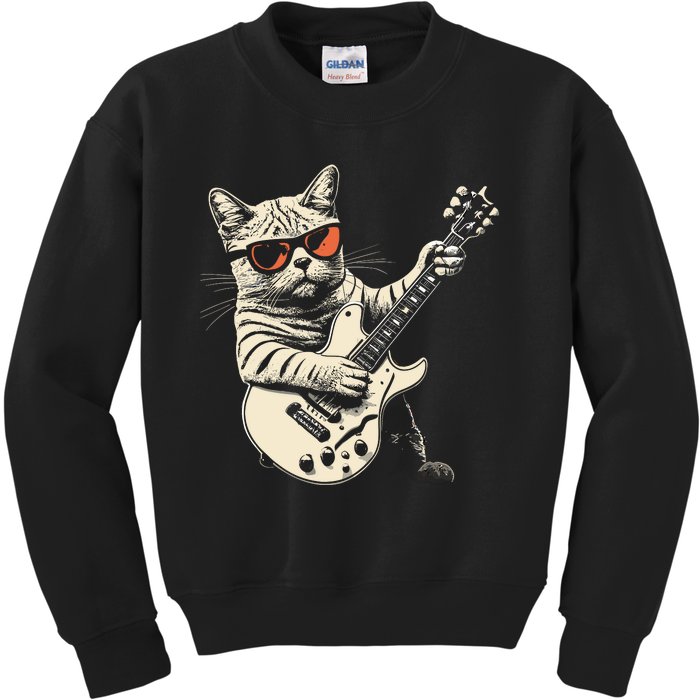 Rock Cat Playing Guitar Rock Kitty Funny Guitar Cat Kids Sweatshirt