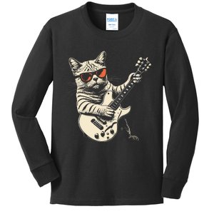 Rock Cat Playing Guitar Rock Kitty Funny Guitar Cat Kids Long Sleeve Shirt