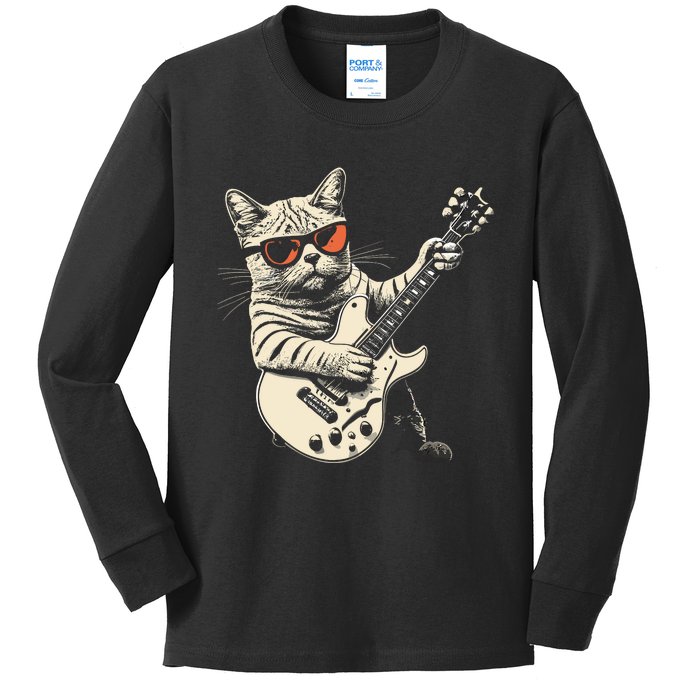 Rock Cat Playing Guitar Rock Kitty Funny Guitar Cat Kids Long Sleeve Shirt