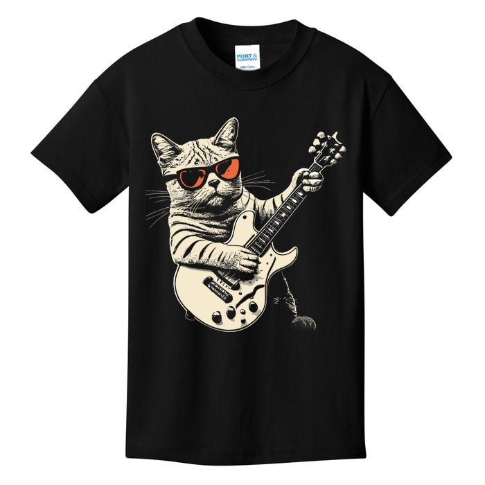 Rock Cat Playing Guitar Rock Kitty Funny Guitar Cat Kids T-Shirt