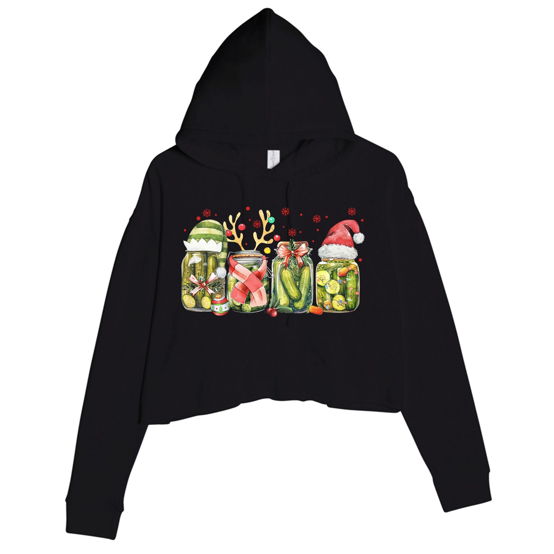 Retro Canned Pickle Christmas Light Xmas Pajama Pickle Lover Crop Fleece Hoodie