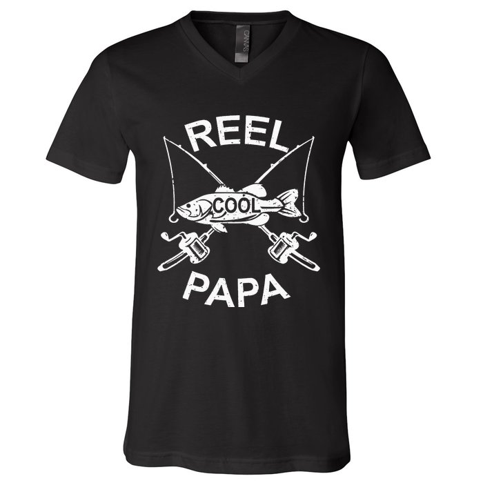 Reel Cool Papa Fishing Dad Gifts Father's Day Fisherman Fish V-Neck T-Shirt