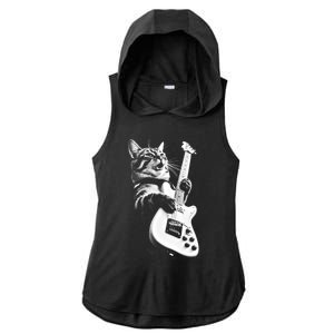 Rock Cat Playing Guitar Ladies PosiCharge Tri-Blend Wicking Draft Hoodie Tank