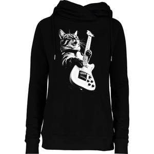 Rock Cat Playing Guitar Womens Funnel Neck Pullover Hood